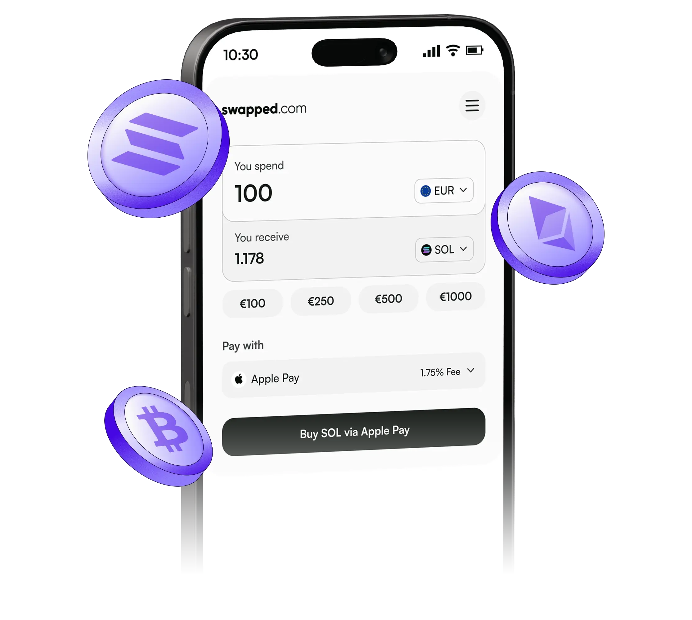 أداة Swapped.com على هاتف، لشراء Solana باستخدام Apple Pay